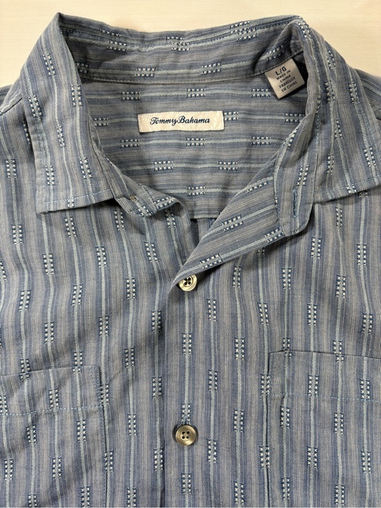 Tommy Bahama Other - Tommy Bahama Mens L Blue Silk Blend Textured Striped Short Sleeve Shirt